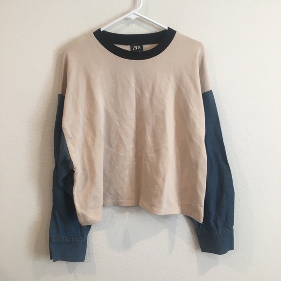 Zara two tone mixed fabric sweatshirt cream, chambray sleeves black collar small - Picture 2 of 8